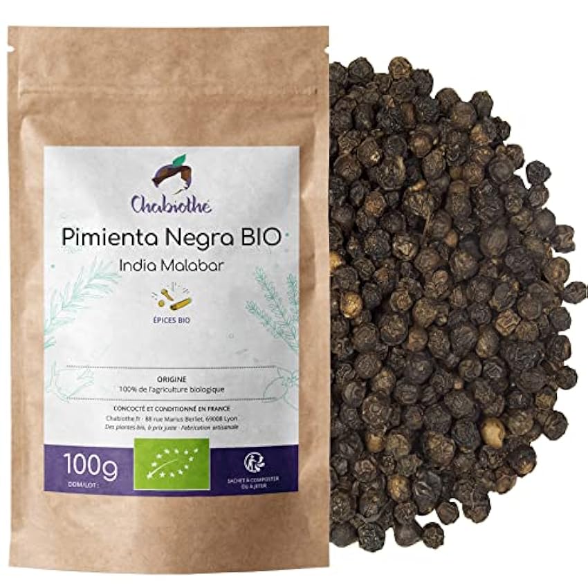 Pimienta Negra BIO 100g - granos enteros orgánico - bolsa biodegradable - Origen Malabar India jR9RbLyU