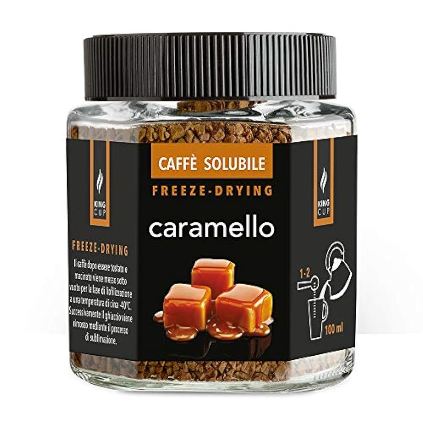 King Cup - 1 Tarro de 50gr de Café con Caramelo, Café Aromatizado con Caramelo Instantáneo con Extra Solubilidad, Ideal para Desayunos, Brunch, Iced Coffee, Sin Gluten, Vegano KuftFIik