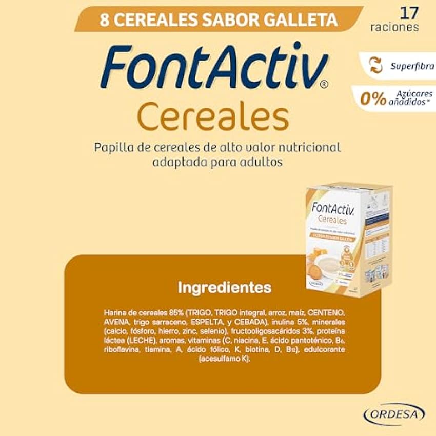 FontActiv 8 Cereales Galleta | Papilla de cereales de alto valor nutricional para adultos y mayores con arroz, avena, maíz y más - 500g II30qXB5