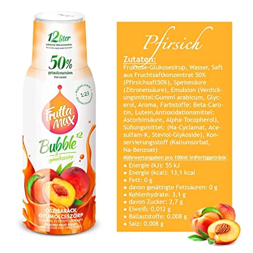 8 paquetes - FruttaMax - Concentrado de jarabe de frutas | Menos azúcar | con un 60% de contenido de fruta | adecuado para máquina de refrescos (8 x 500 ml) (8 x Durazno) h7ZbAxvz