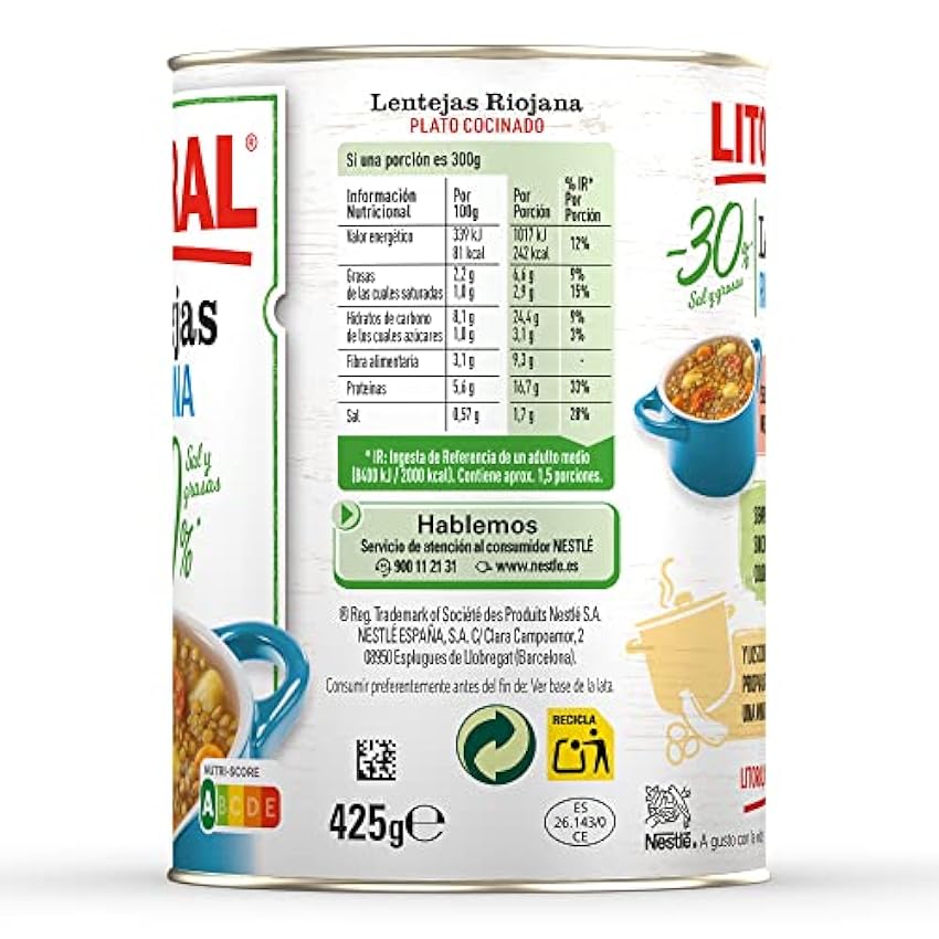 Litoral Lentejas Riojana -30% Sal y Grasa - Plato Preparado Sin Gluten - Pack de 10x425g - Total: 4.25kg h12CiyYy