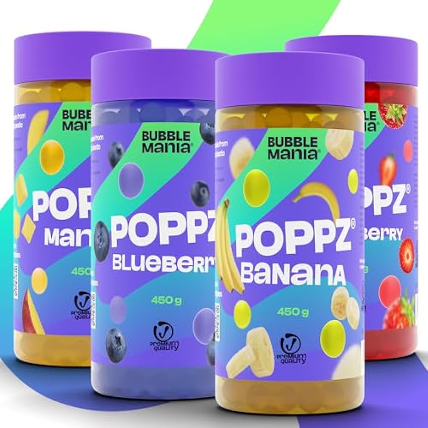 POPPZ Popping Boba Burbujas de frutas para Bubble tea/Té de burbujas - Paquete de 4 perlas de Tapioca que revientan frutas de Bubble Mania - Listo para comer (Mango, Arándano, Plátano, Fresa)) fvl2OKTl
