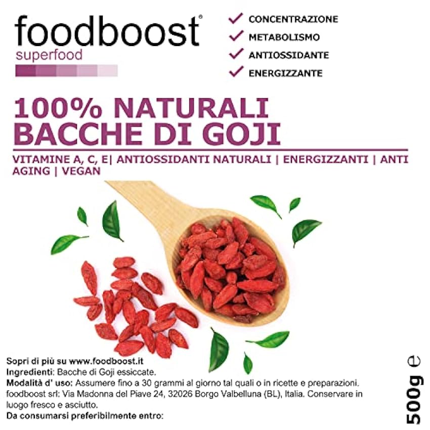 Foodboost Bayas de Goji 500 g – 100% naturales de cultivos seleccionados – Sin conservantes ni aditivos – Naturalmente ricas en antioxidantes vitamina A, vitamina E, Omega 3, calcio, hierro, zinc Gpqh1XSK