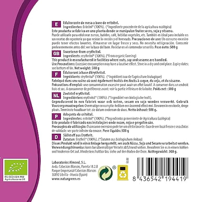 NaturGreen - Eritritol Bio, Edulcorante Natural, Orgánico, Ecológico, Sustutivo del Azúcar, Bajo indice Glucémico, 500 g lyDoqcXh