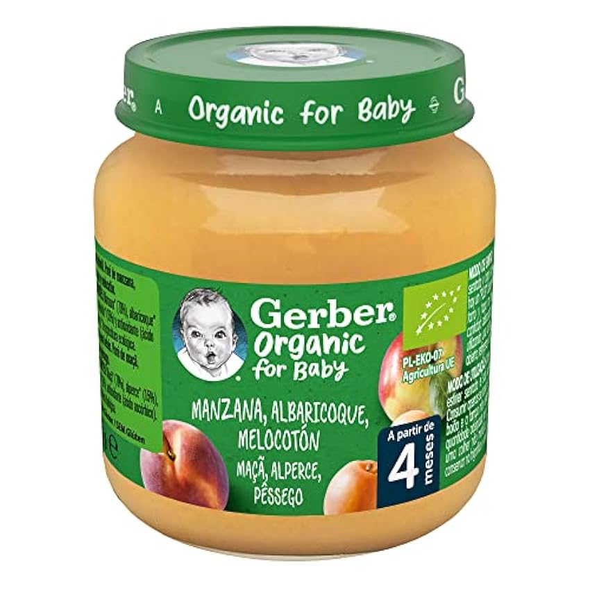 GERBER Organic Manzana Albaricoque Melocotón, Tarrito Puré para Bebés, Pack de 6x125g, a partir de 4 meses N5xFlq1x