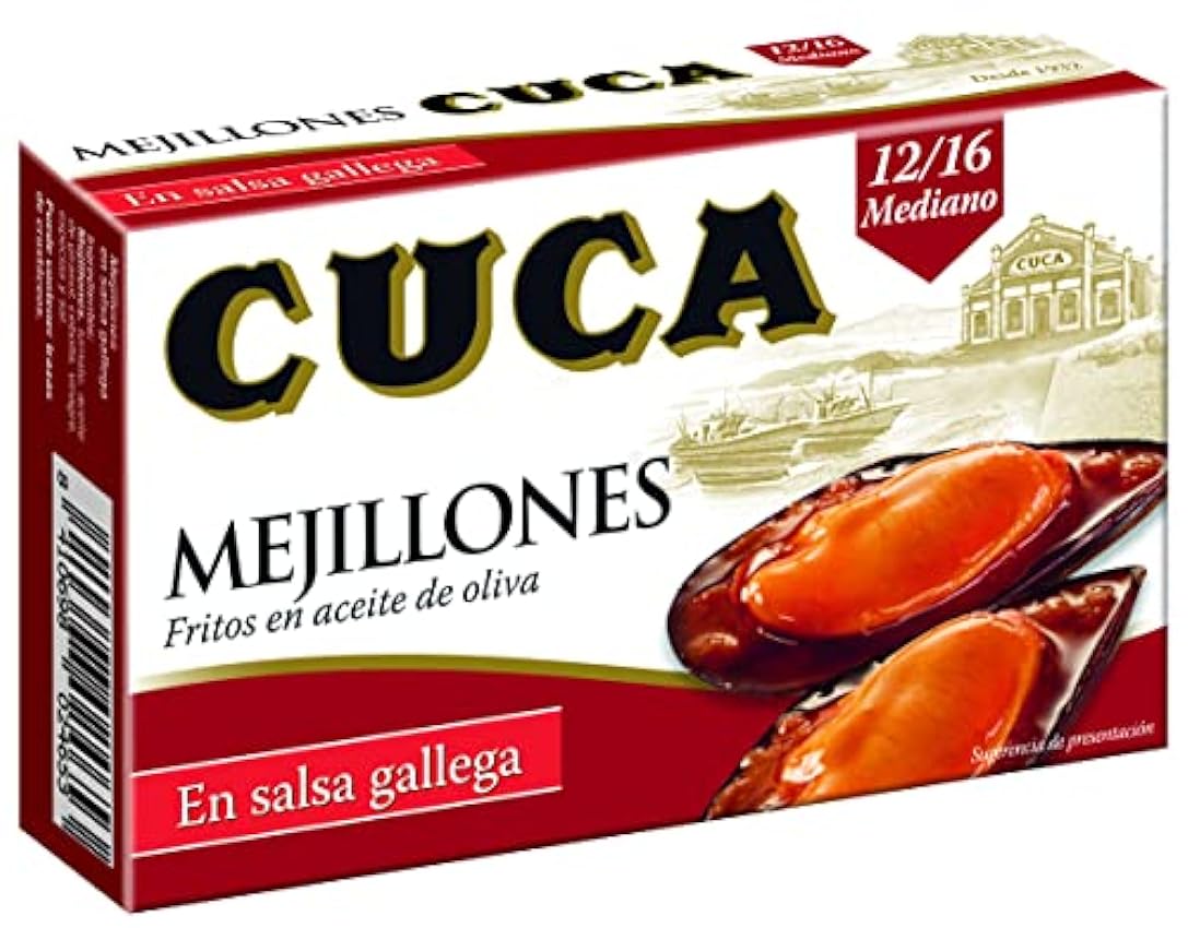 Mejillones Cuca en salsa gallega 12/16 piezas tamaño mediano, 1 pack de 5 latas de 115gr NDLCC2pR