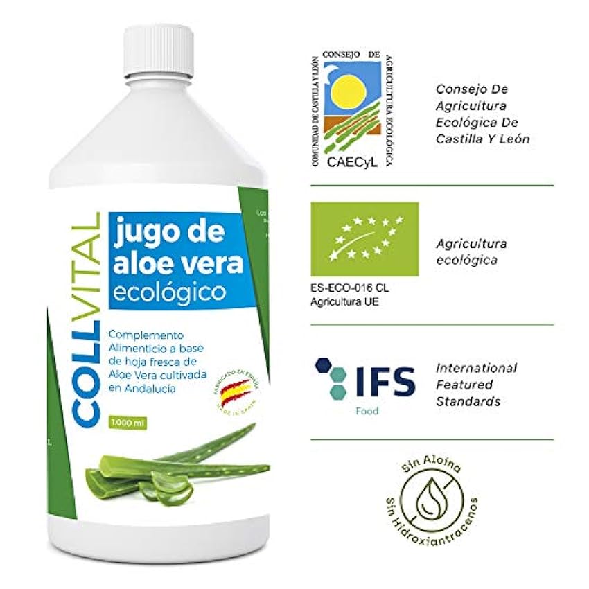 Aloe vera puro para beber con pulpa natural/zumo 99.5% aloe vera con certificación Bio y ecologico/bebida de jugo de aloe vera organico fabricada en España 1 litro iUtoh6UB