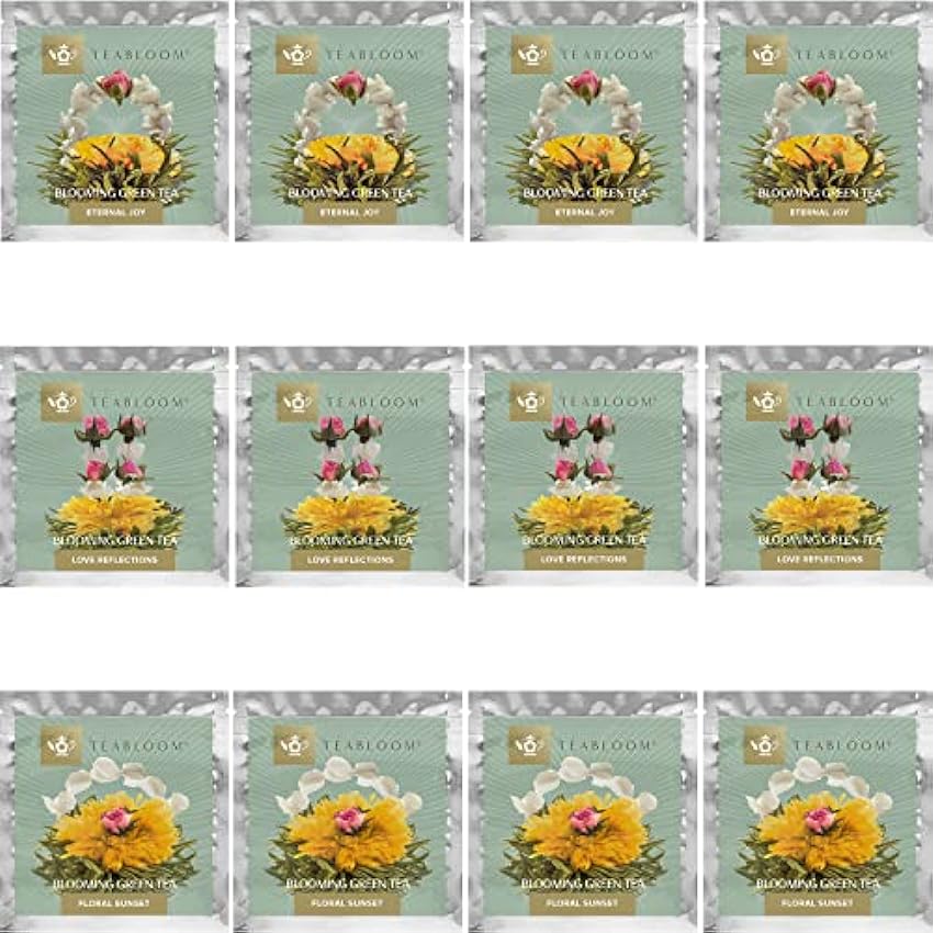 Teabloom Caja de Infusiones de Tés en Flor – Selecta Colección de 12 Tés Verdes Gourmet en Flor (36 Infusiones) – Elegante Presentación en Caja Regalo P3glHTHV