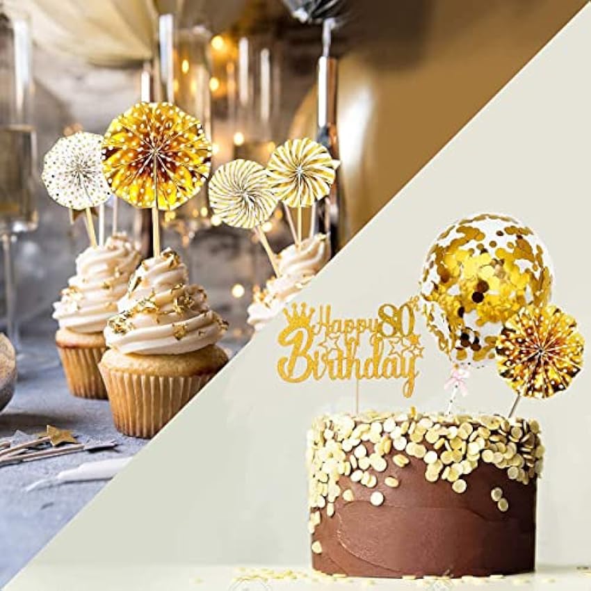 ENYACOS Decoración para tarta de cumpleaños para 80 cumpleaños, diseño de corazones dorados (oro 80) gB4F3eTq