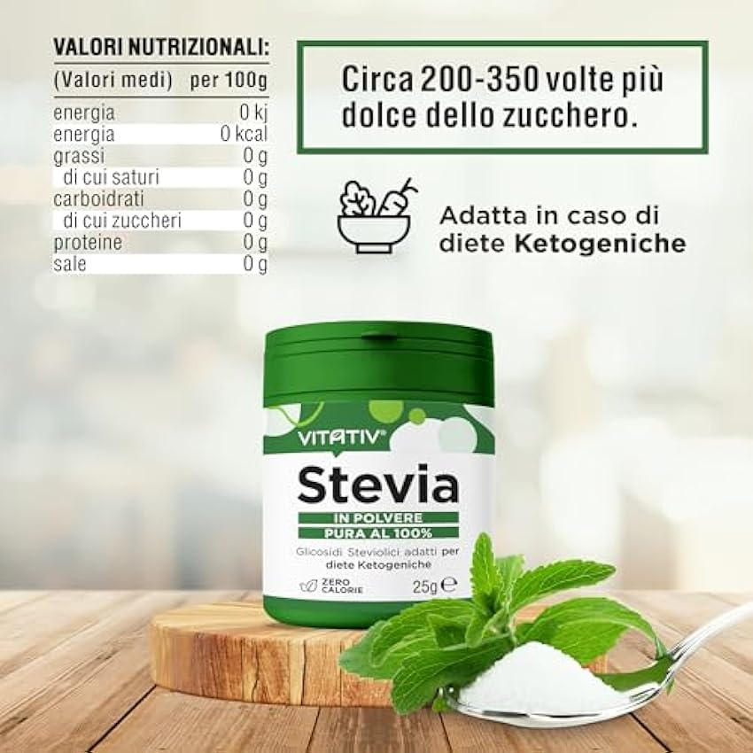 VITATIV Stevia Pura en Polvo Rebaudiósido A 98% Edulcorante Natural Adecuado para dietas Ketogénicas 25gr I5fpsHqE