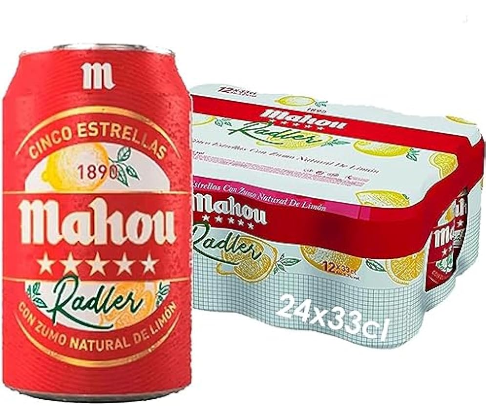 Mahou 5 Estrellas Cerveza Radler con Limón, Pack de 24 latas x 33cl, 3,2% Volumen de Alcohol MLFm2i50