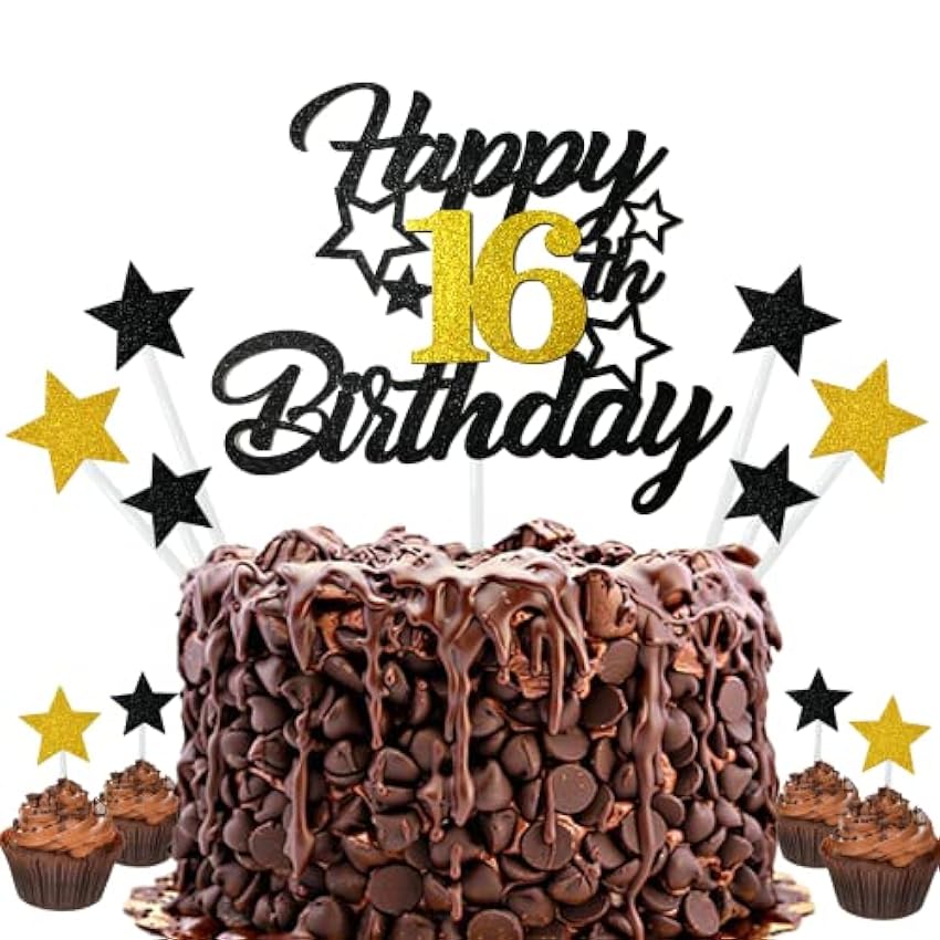 Dargds Decoración para tartas de 16 cumpleaños para niñas y jóvenes, 16 cumpleaños, estrellas doradas con negras, decoración para tartas para 16 tartas de nacimiento, decoración para niños y niñas GRMHxct1