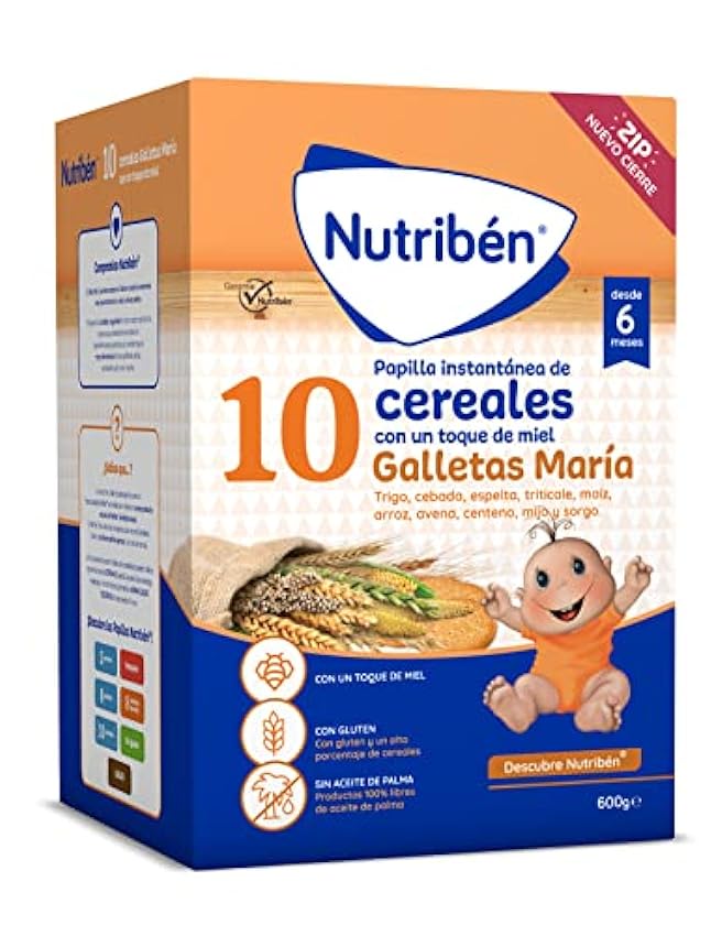 Nutribén 10 Cereales con un toque de Miel y Galletas María | Vitaminas y Calcio| Alimento para Bebés a partir de 6 meses | Con Gluten | Sin aceite de palma | Paquete de 6 unidades de 600g | 3600g luZSyyq4
