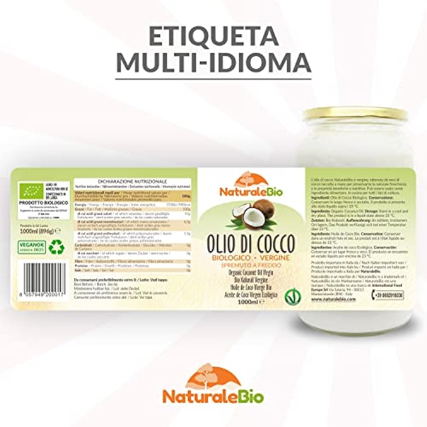Aceite de Coco Ecológico Virgen 1000 ml. Crudo y prensado en frío. Orgánico y Natural. Aceite Bio nativo no refinado. País de origen Sri Lanka. NaturaleBio htuNfo0r