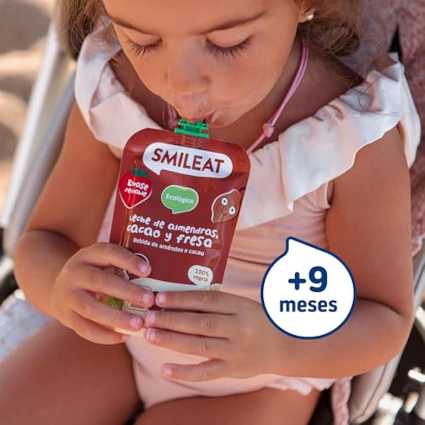 Smileat | Pouch de Leche de Almendra, Cacao y Fresa para Niños | Con Ingredientes Naturales y Bebibles | Sin Lactosa, Azúcares ni Gluten | Para Bebés a partir de 9 Meses | Pack 10 x 100 g | 1000g JIcI1pEE