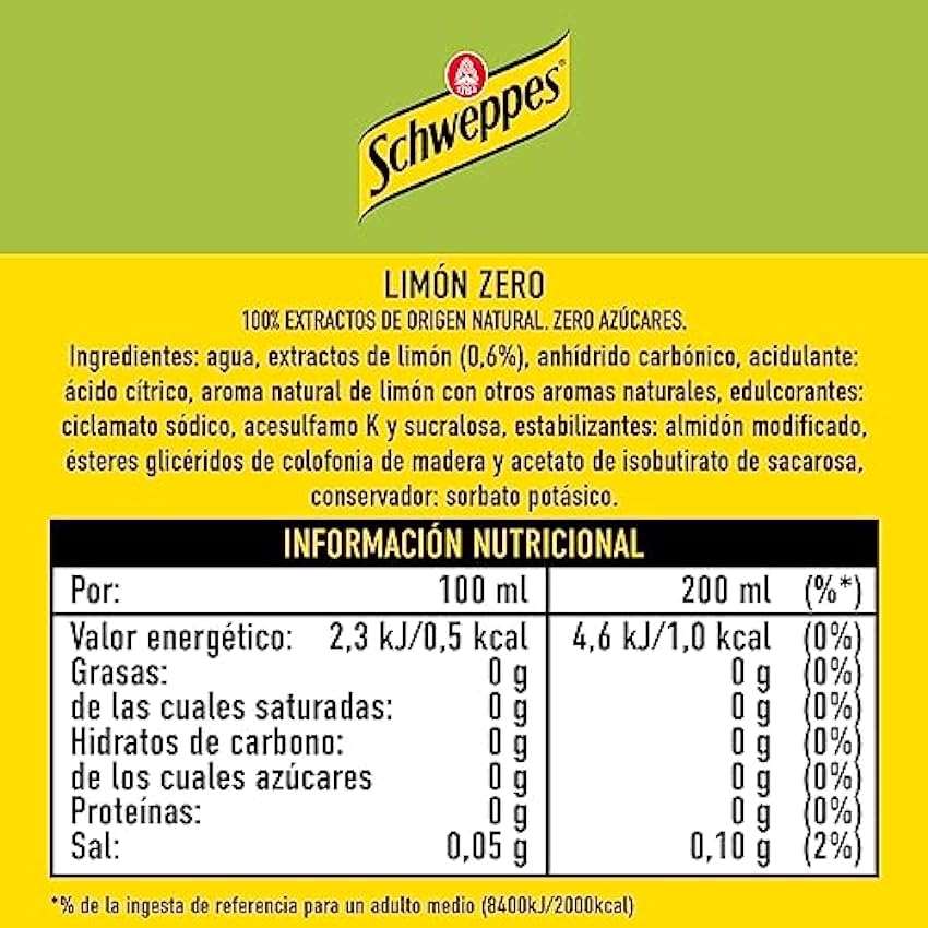 Schweppes Limón Zero, Sin Azúcar ni Calorías - Lata, Pack 24 x 33 cl NAE0SnY9