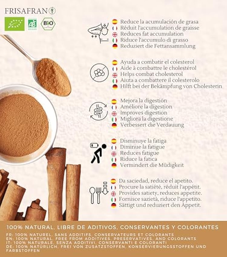 FRISAFRAN - Canela Ceylan Ecológica en polvo | Digestiva | Combate la fatiga | Origen Sri Lanka - 200Gr P2Tljy1P