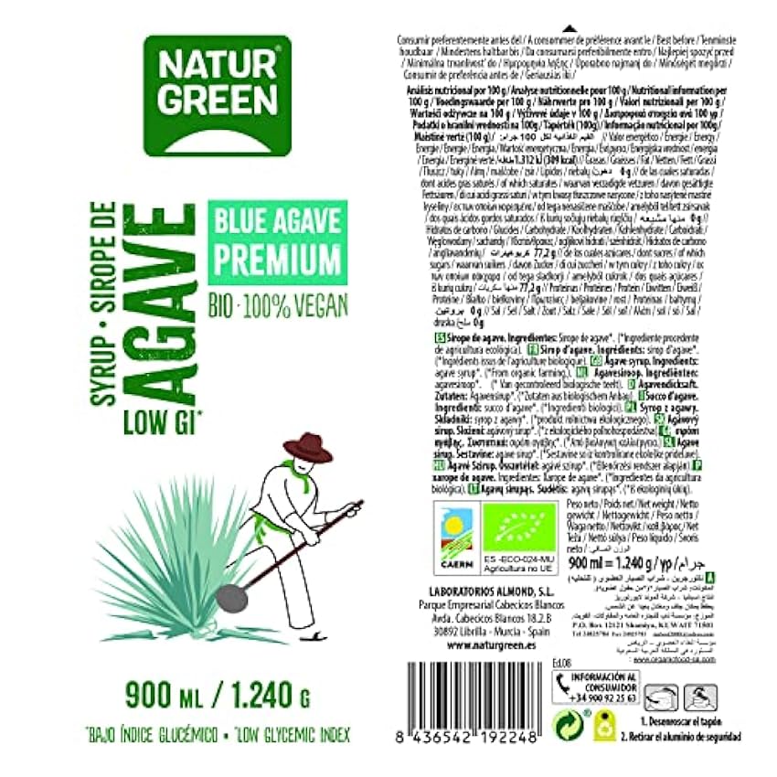 NaturGreen - Sirope Agave Bio, Endulzante Natural, Edulcorante Ecológico, Bajo Índice Glucémico - 900 ml/1240 g, Pack 6 unidades G7IWJgPz