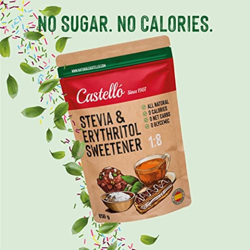 Edulcorante Stevia + Eritritol 1:8 | 1g = 8g de azúcar | Sustituto del Azúcar 100% Natural - 0 Calorías - 0 Índice Glucémico - Keto y Paleo - 0 Carbohidratos - No OGM - Castello since 1907 - 850 g p8hmyGTI