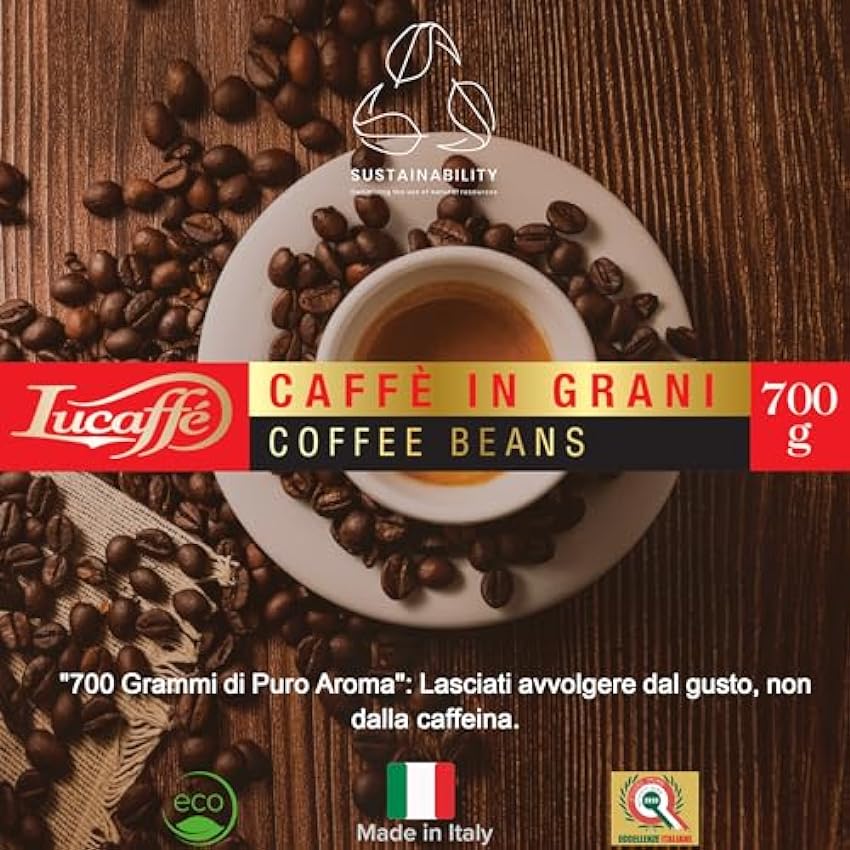 Lucaffé Caffe Descafeinado, granos de café 100% Arábica, bolsa de café 700 gr. ahorra aroma, café descafeinado naturalmente, sabor dulce, cuerpo completo, crema espesa, aroma agradable jHfM46ka