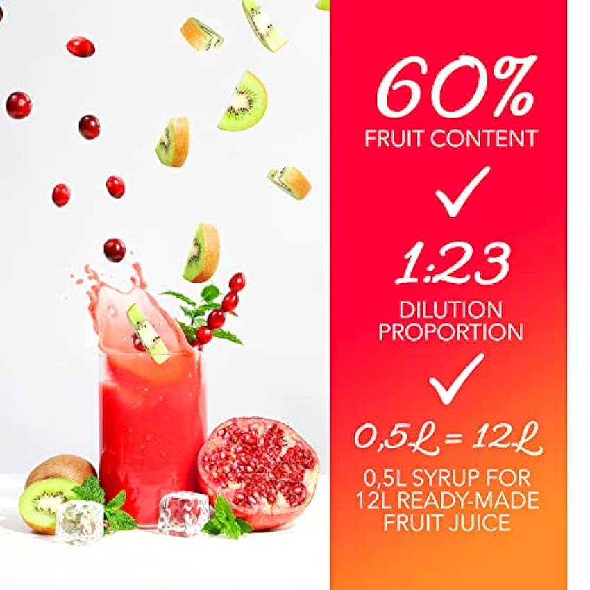 FruttaMax - Concentrado de jarabe de frutas | Menos azúcar | con un 60% de contenido de fruta | adecuado para máquina de refrescos 500ml (Granada) J1SLQxEi