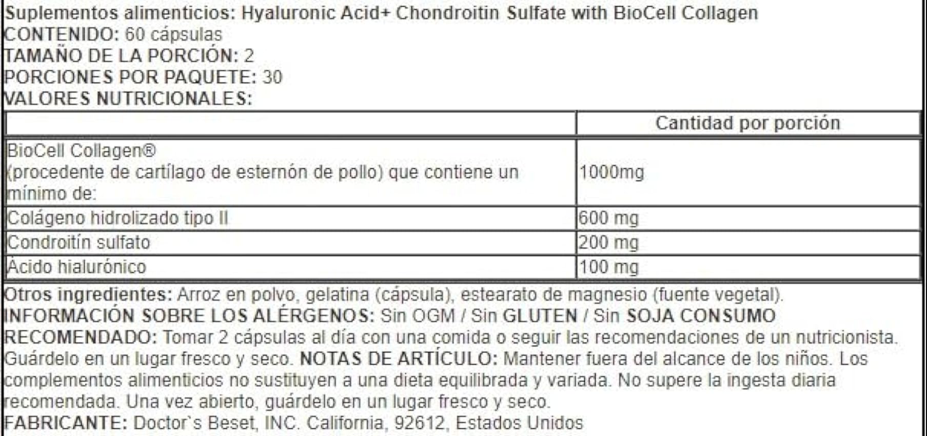 Doctor´s Best Ácido Hialurónico + Sulfato de Condroitina con Colágeno BioCell - 60 cápsulas HwmfrmOi