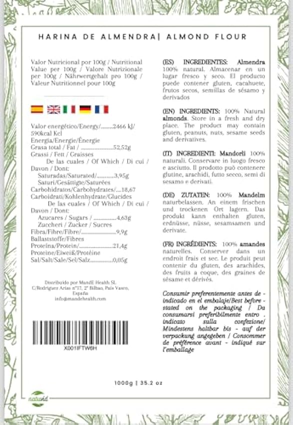 Harina de Almendras crudas peladas molidas | 1Kg | GOURMET | 100% Natural | KETO | Vegana y Vegetariana | Fabricación Española | PREMIUM | PA4cWTw5