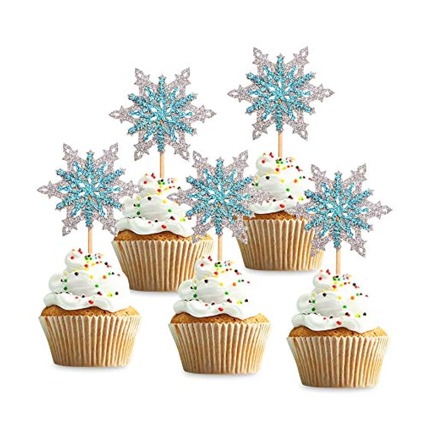 Unimall - Juego de 24 adornos para cupcakes con forma de copo de nieve y purpurina, para invierno, decoración para fiestas de cumpleaños, Navidad, bodas, decoración de pasteles hOMXND38