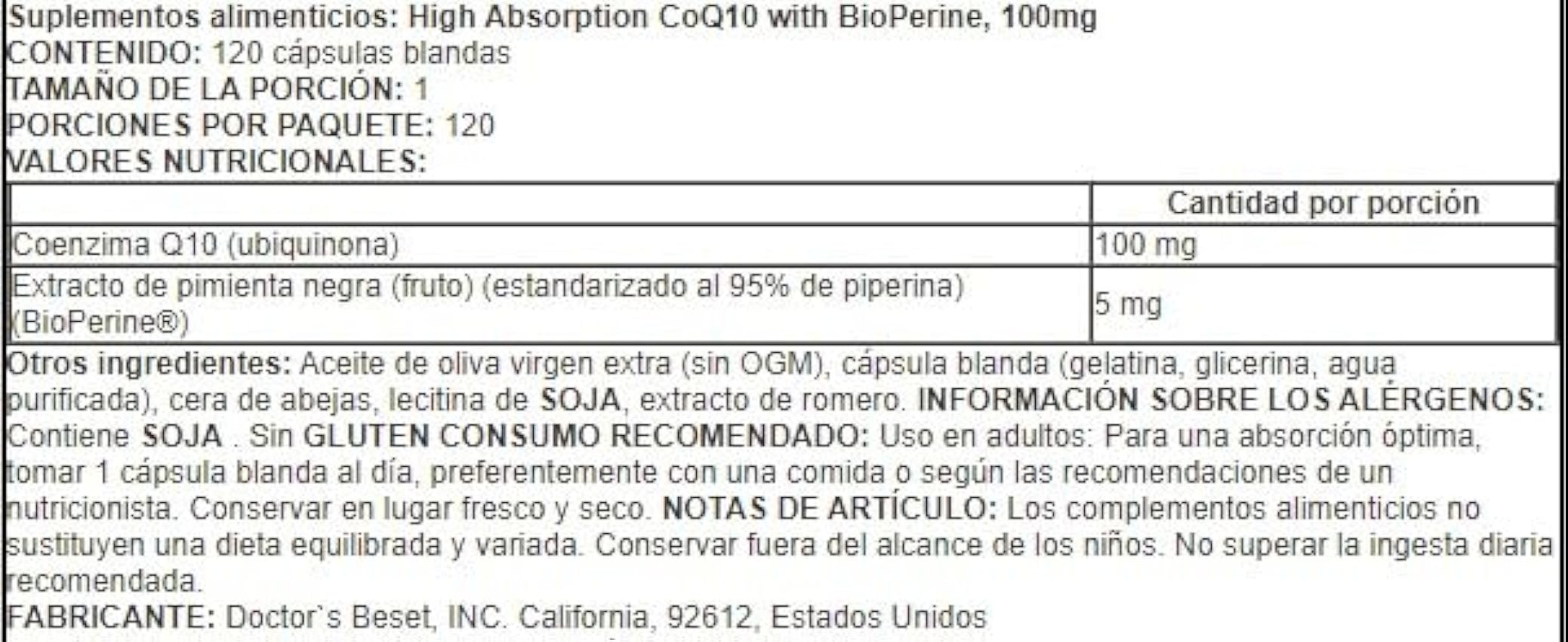 Doctor´s Best CoQ10 de Alta Absorción con BioPerine, 100mg - para Energía y Salud Cardiovascular, 120 cápsulas blandas noUNCHJM