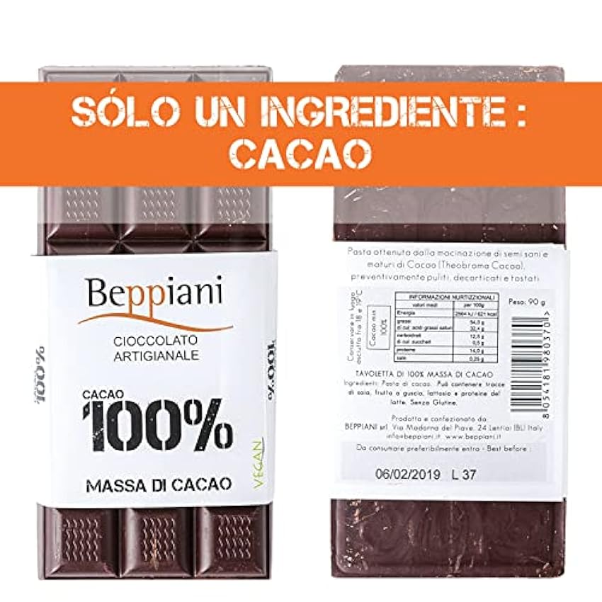 Beppiani 100% Masa de Cacao, Chocolate Artesano, vegano, sin azúcar, rico en antioxidantes, para dietas equilibradas - Set Made in Italy (10 + 1 gratis, Clásico) PaDM1U0Z