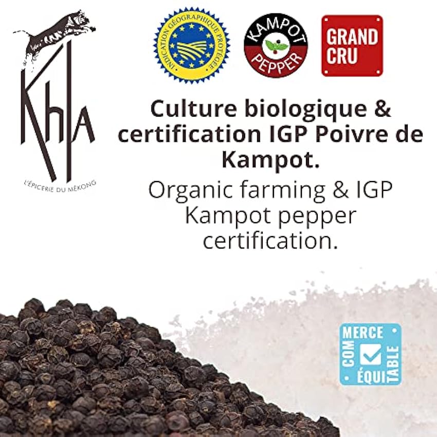 KHLA - Duo Pimienta negra de Kampot y Flor de sal de Kampot - Embalaje Tradicional en Hojas de Palma - 2x 100g Pj0z7uVC