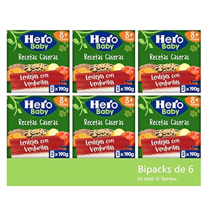 Hero Baby Recetas Caseras Tarritos de Lentejas con Verduritas, - Para Bebés a Partir de los 8 Meses - 6 Packs de 2 x 190 gr pr9hQ7iO