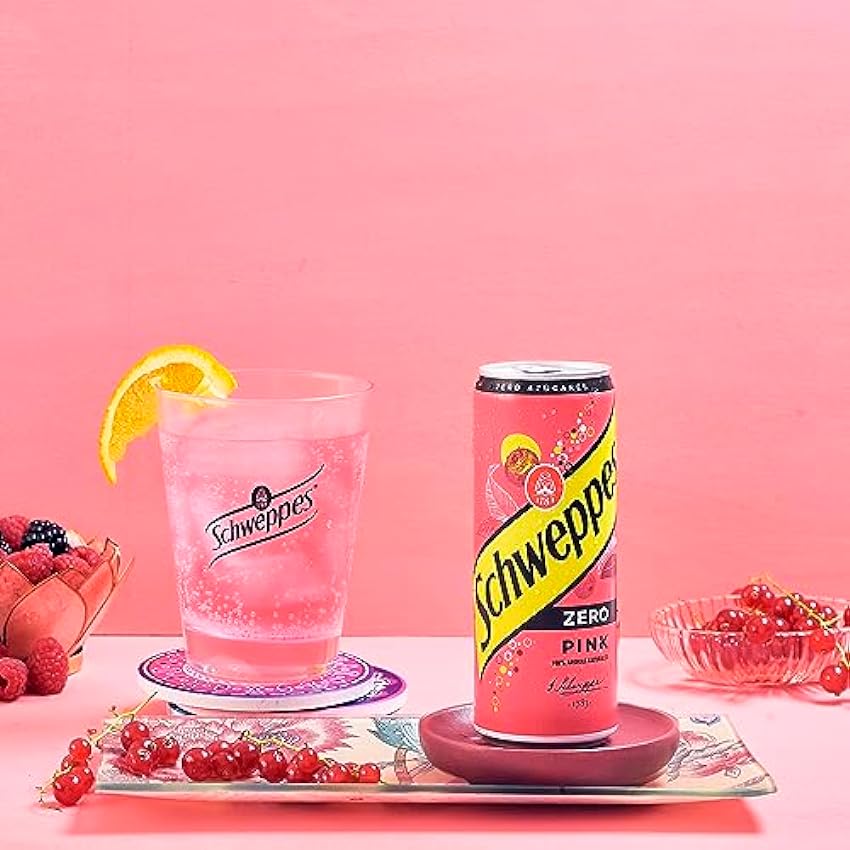 Schweppes Tónica Pink Zero con sabor a Grosella, Sin Azúcar ni Calorías - Lata, Pack 24 x 33 cl j8N2baYx