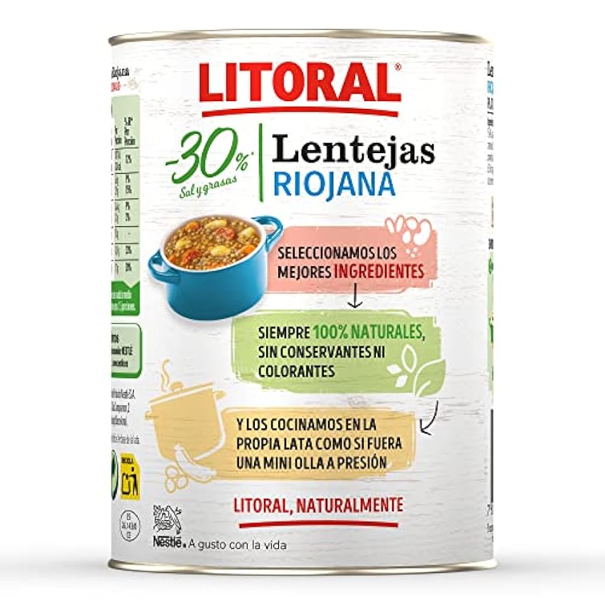Litoral Lentejas Riojana -30% Sal y Grasa - Plato Preparado Sin Gluten - Pack de 10x425g - Total: 4.25kg h12CiyYy