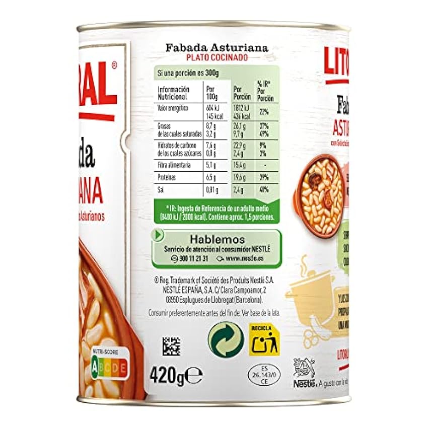 Litoral Fabada Asturiana - Plato Preparado Sin Gluten - Pack de 6x420 g - Total: 2.52kg oemnnDjk