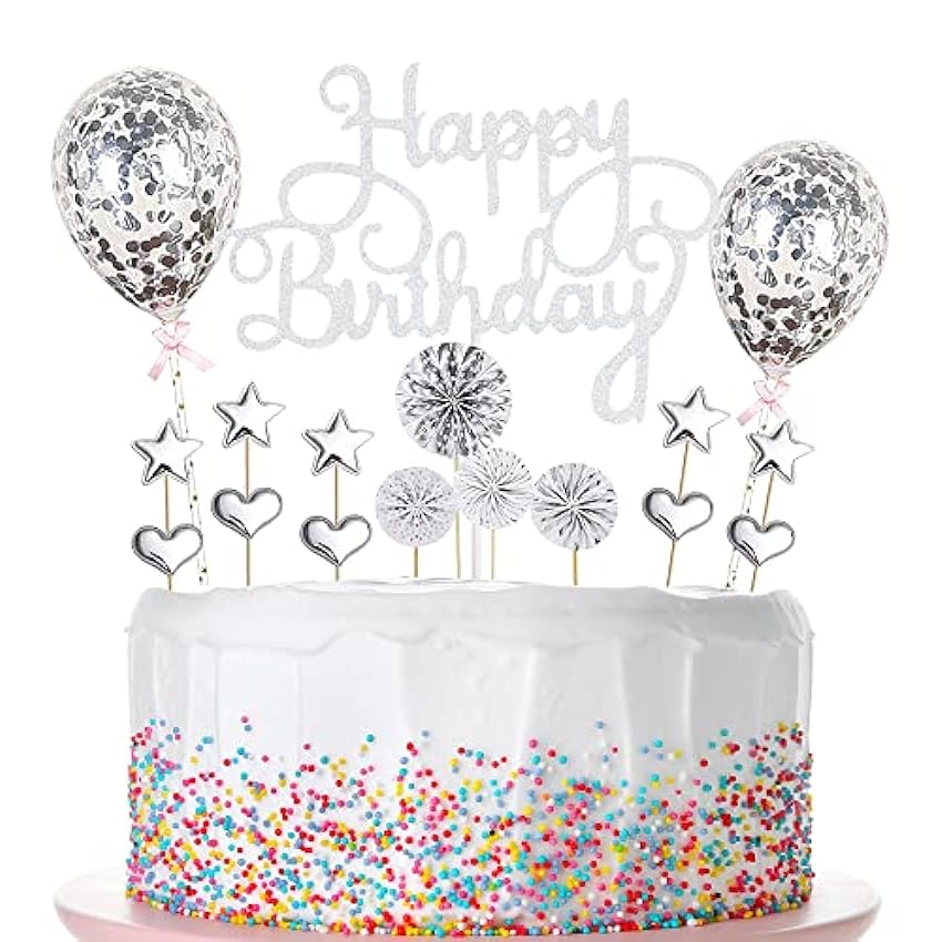 Creaher Cake Toppers Silver 17 Pcs Happy Birthday Cake 