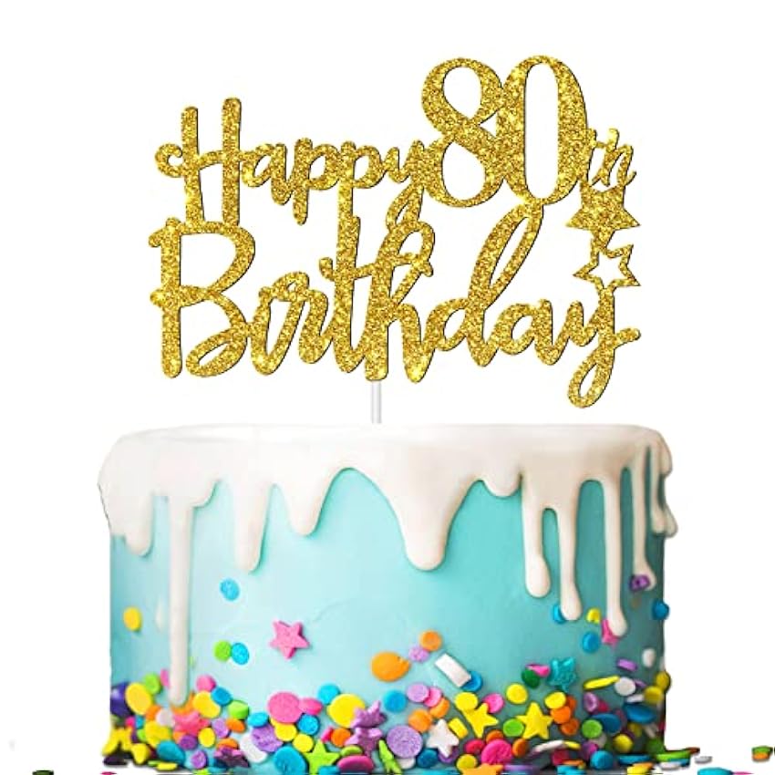 Tenhaisi Decoración para tarta de cumpleaños 80 con purpurina dorada, decoración de fiesta para adultos P6qIdf0L