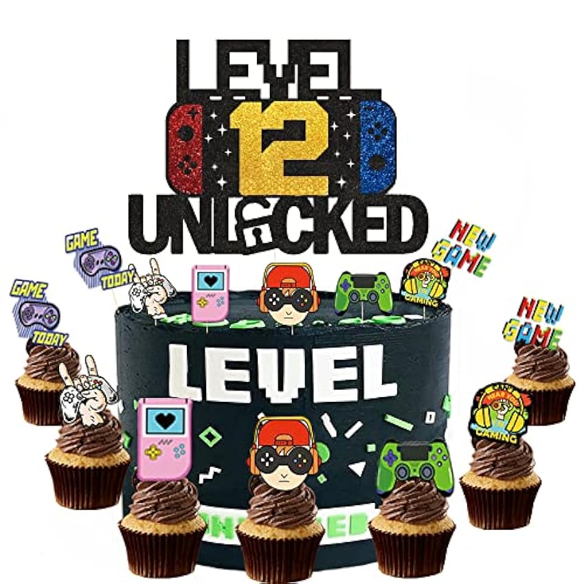 ZELAITE Level 12 Unlocked - Decoración para tarta de 12º cumpleaños, decoración para tarta de cumpleaños, decoración de cumpleaños para niño (c) oKzTpWyw