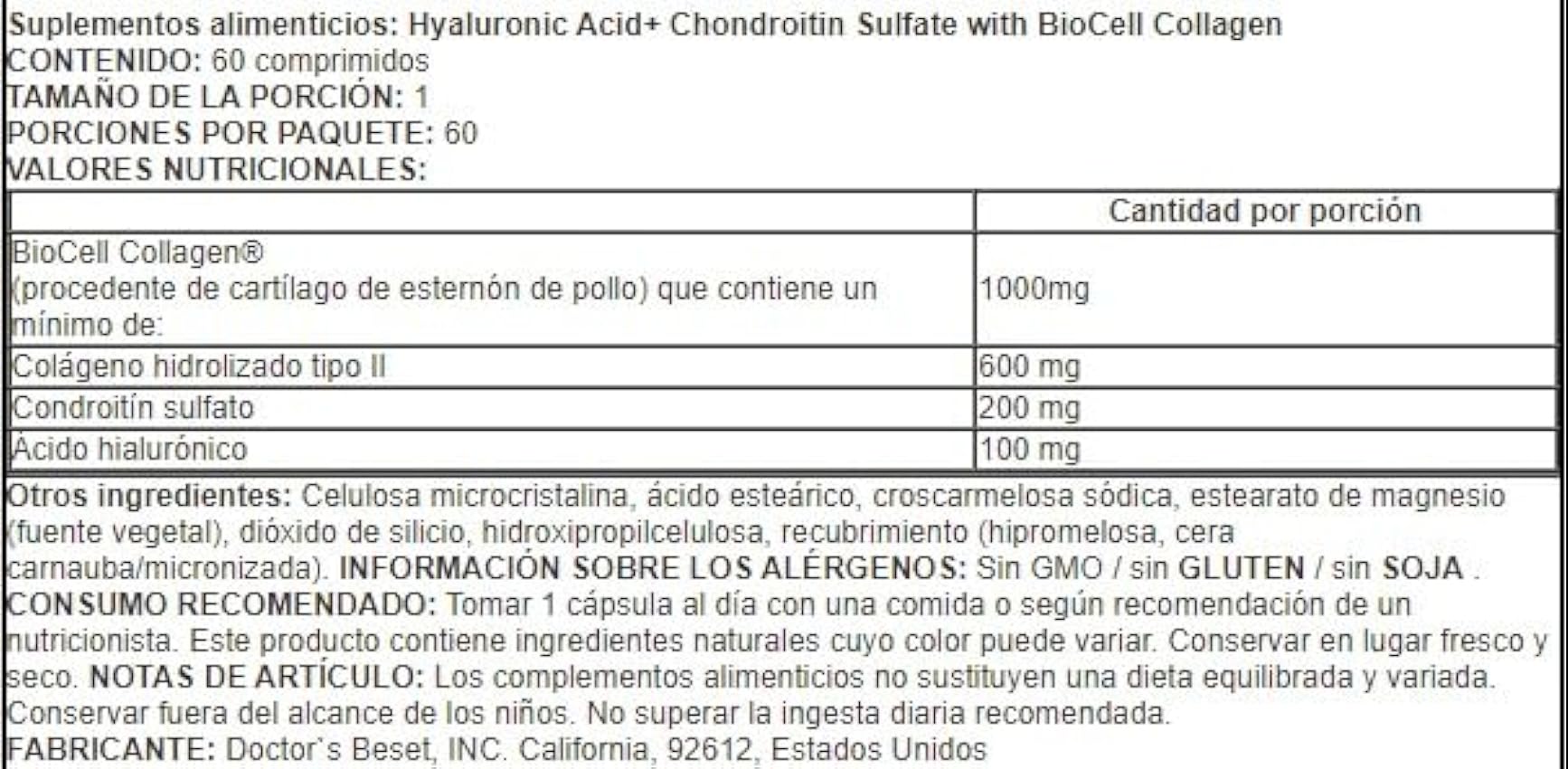 Doctor´s Best Ácido Hialurónico + Sulfato de Condroitina con Colágeno BioCell - 60 Comprimidos JdRx4dR4