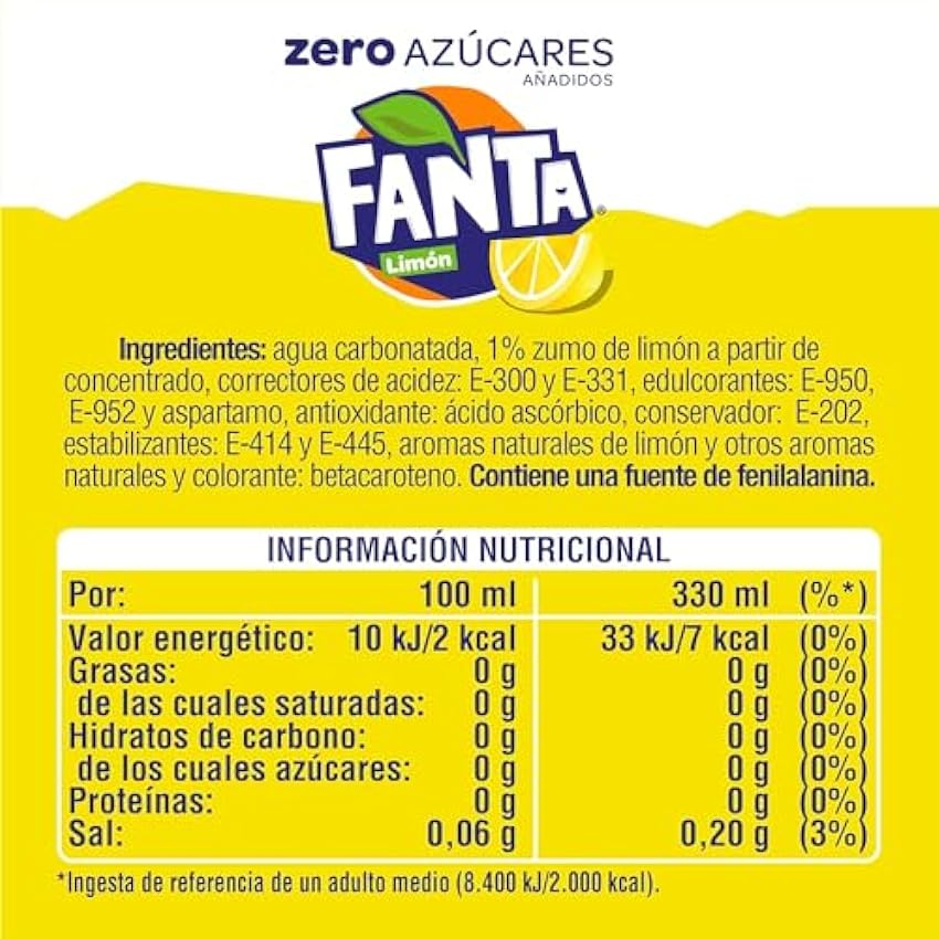 Fanta Limón Zero Azúcares - Refresco de Limón Zero Azúcares Añadidos- Lata 330 Ml Pack de 24 megjZuts