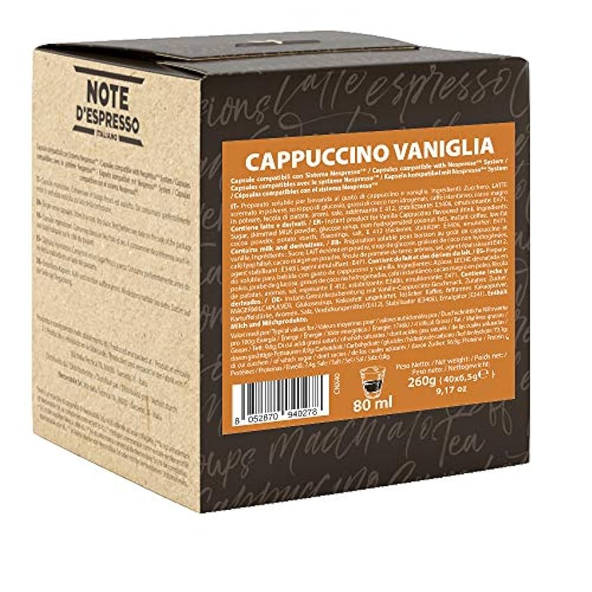 Note D´Espresso - Cápsulas de capuchino de vainilla instantáneo, 6,5 g (caja de 40 unidades) Exclusivamente Compatible con cafeteras Nespresso + Cápsulas de Chocolate con Avellana - 40 x 7 g LdFbkwvh