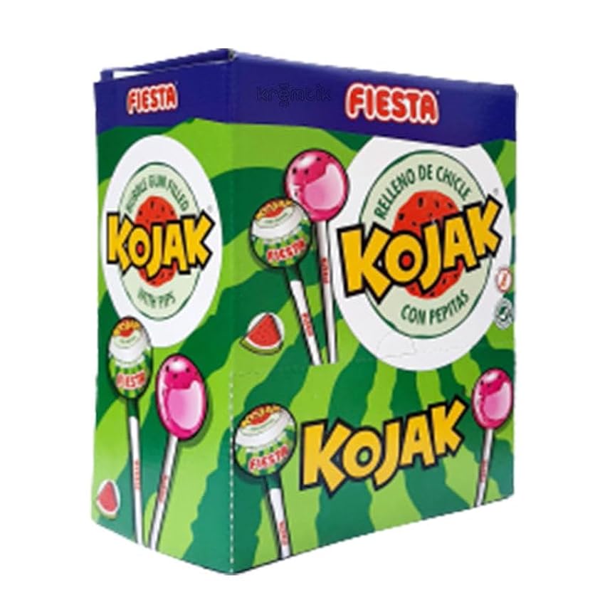FIESTA Kojak - Sabor Sandía - Con Pepitas de Azúcar - Caramelo con palo relleno de chicle - Caja de 100 unidades JsgeaMqm