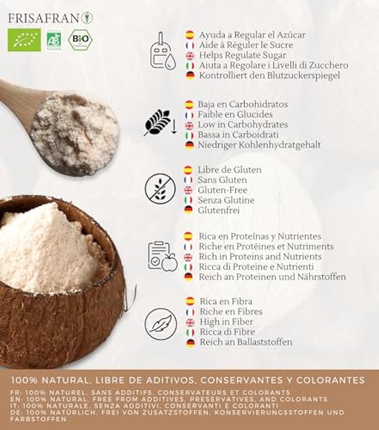 FRISAFRAN Harina de coco Ecológica en polvo | sin azucar | Sin Gluten | Sin Huevo | vegana l Repostería  - 500Gr HmIlH50h