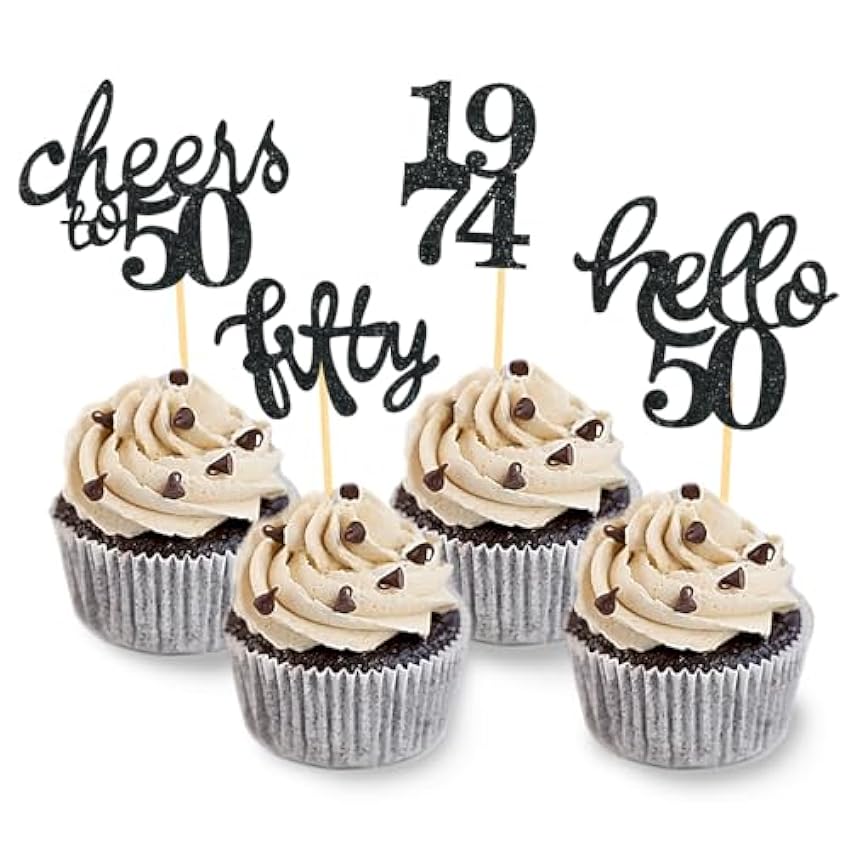 24 piezas brillantes 50 cumpleaños Cupcake Topper Decoración de cumpleaños de 1973 para 50 cumpleaños accesorios de fiesta decoración de pastel (negro) Kpvb1X3e