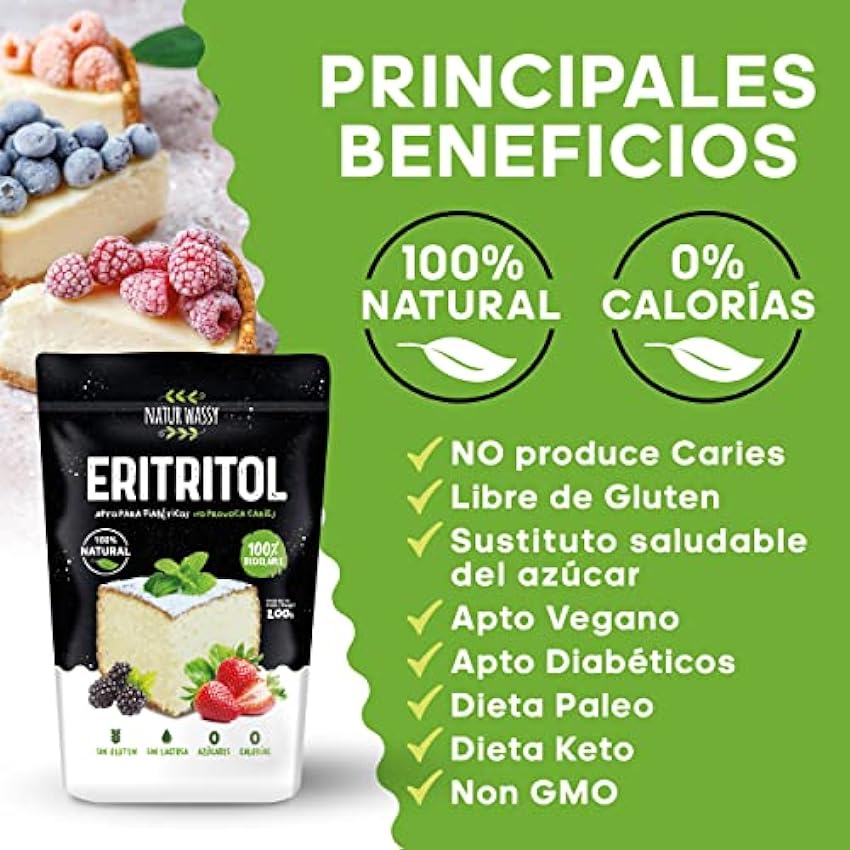 Eritritol | Edulcorante Natural, Sustituto Del Azúcar Con Cero Calorías, 100% Vegano, Apto Diabéticos, Dieta Paleo Y Keto (800Gr.) HX7GGPSm