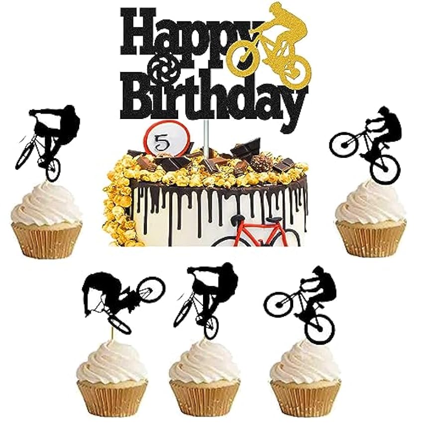 Guoguonb Decoración para tartas de bicicleta, 1 gran decoración para tarta de cumpleaños y 24 unidades de cupcakes de bicicleta para niño KVH9yWVx