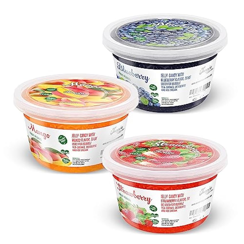 INSPIRE FOOD Bubble Tea Mix - 3-Pack: Erdbeere, Mango & Blaubeere Popping Boba Fruchtperlen - 100% vegetarisch, glutenfrei, ohne künstliche Farbstoffe OPcjDlnP