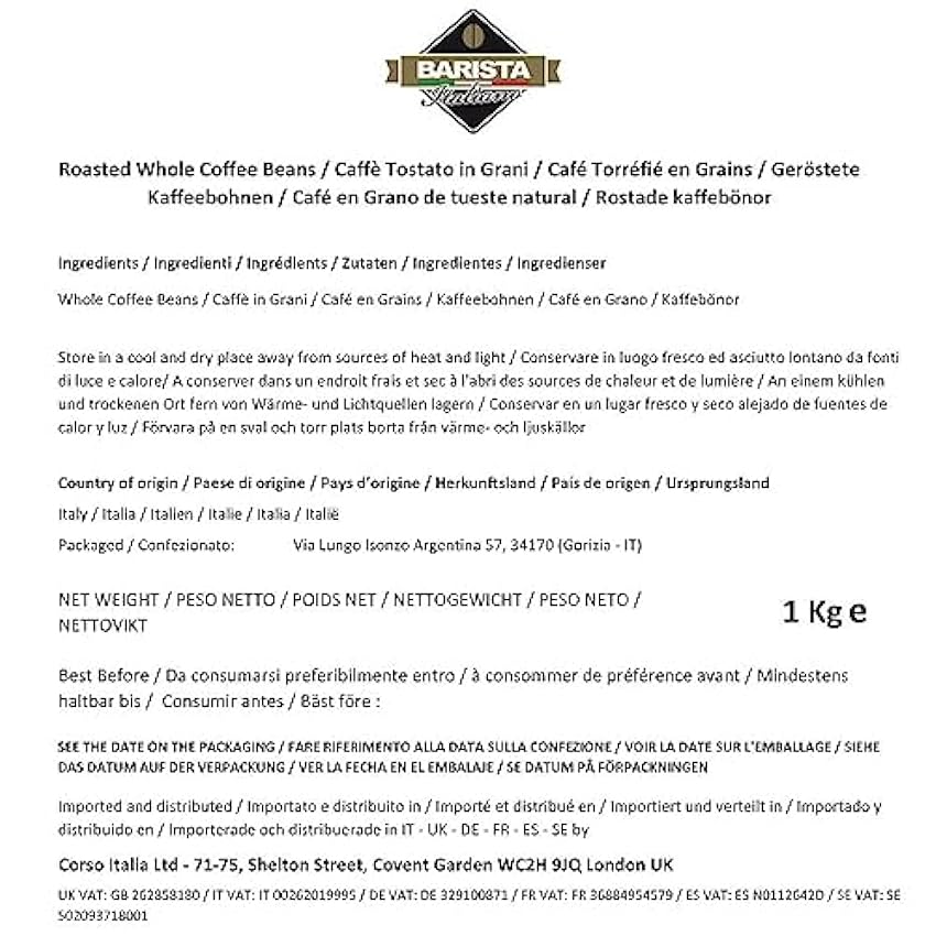 Barista Italiano 2 x 1KG Café Natural En Grano - Sabor Superior (DELICATO ARABICA) Pjvs4iEa