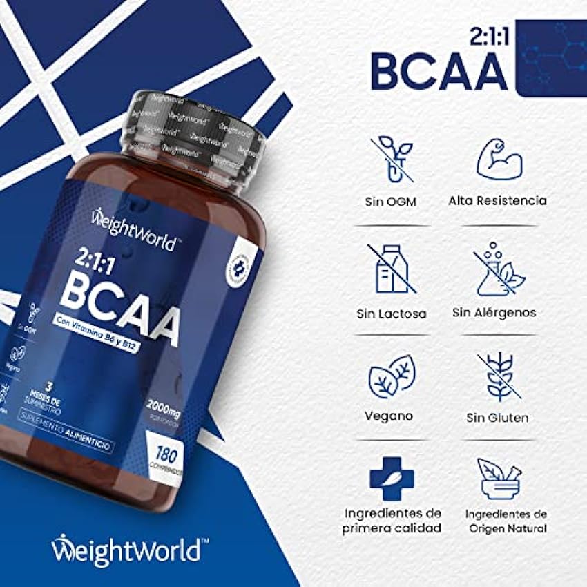 BCAA 2:1:1 Aminoácidos Esenciales 2000mg - 180 Comprimidos | Con Vitamina B12, B6 y Aminoácidos Ramificados L- Leucina, L- Isoleucina y L-Valina | Aptos para Veganos, Sin Gluten y Keto JU3oQ7qX