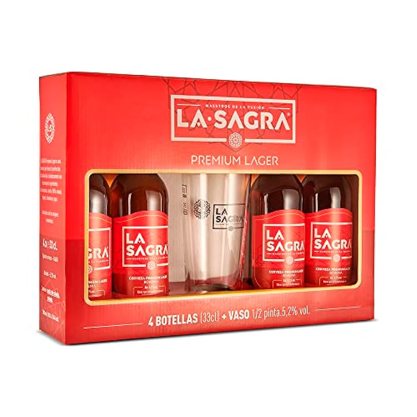 La Sagra - Pack 4 Cervezas de 330 ml de La Sagra Lager- Alc. 5,2% Vol. - Pack de 4 botellas 33cl + vaso 1/2 pinta - Total: 1320 ml jhkCXdQJ